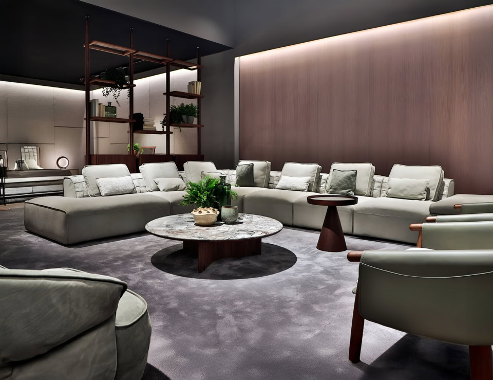 Fabric sectional sofa with low backrest in living room setting