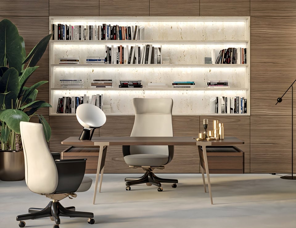 Wood desk with eucalyptus finish in office setting