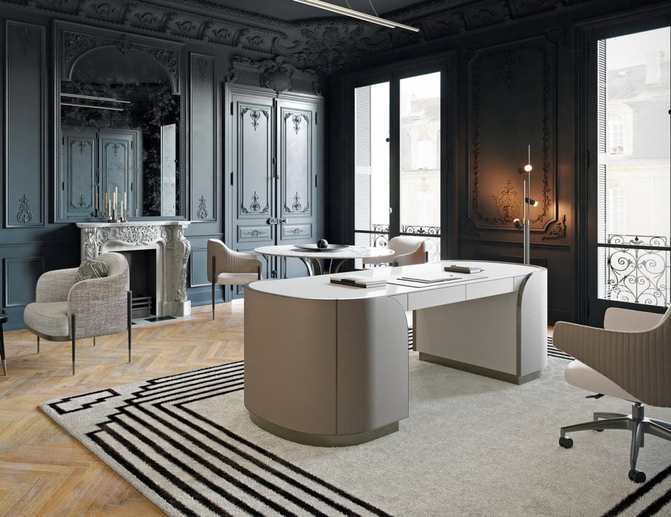 Leather writing desk with curved ends in office setting