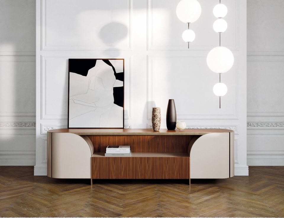 Leather sideboard with wood paneling in living room setting