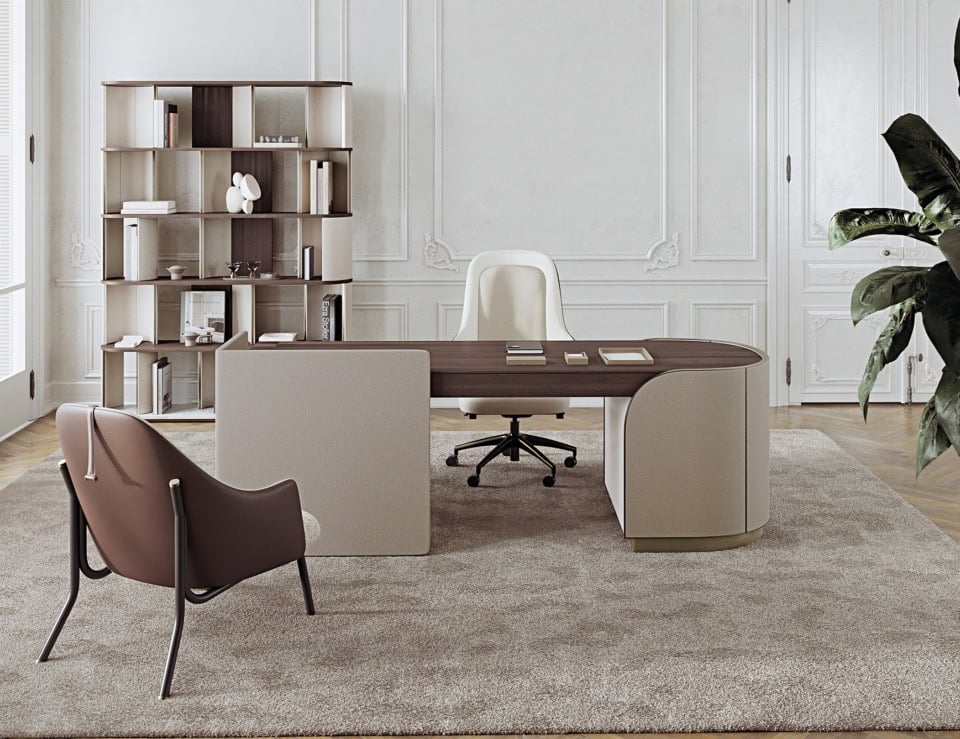 Wood writing desk in ash mocha finish with curved sides in office setting