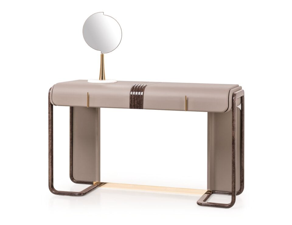 Leather vanity table with mirror and metal frame