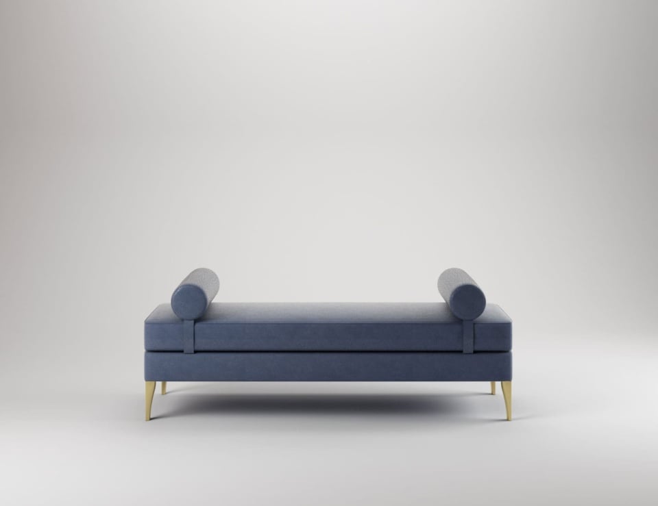 Leather bench with cylindrical armrests and metal legs