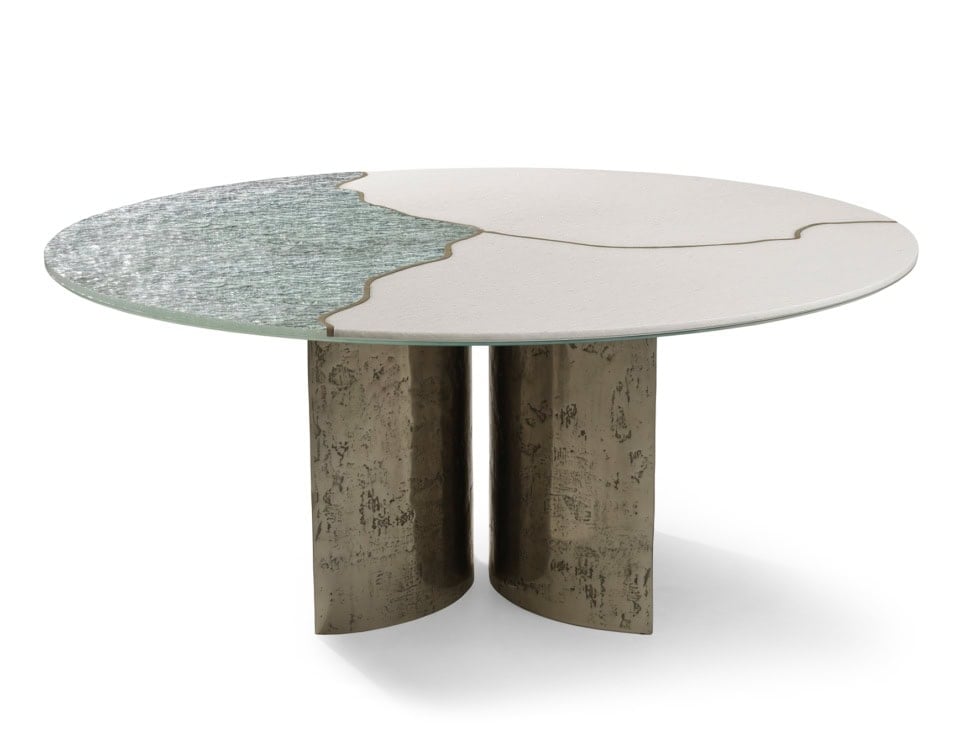 Round glass and marble dining table with metal base