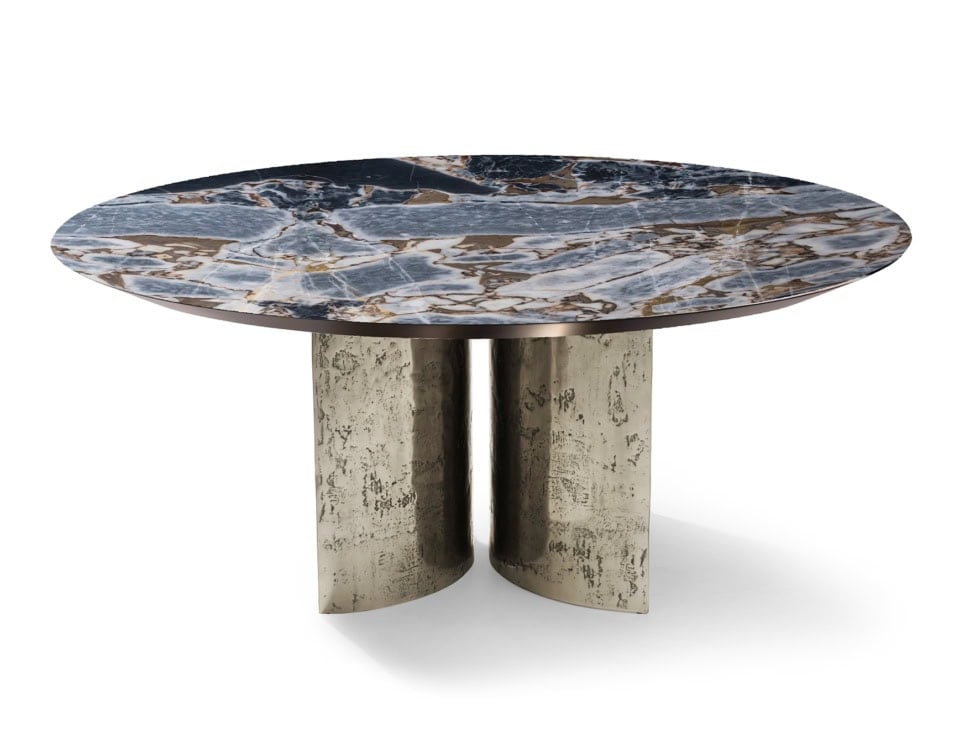 Round marble and glass dining table with metal base
