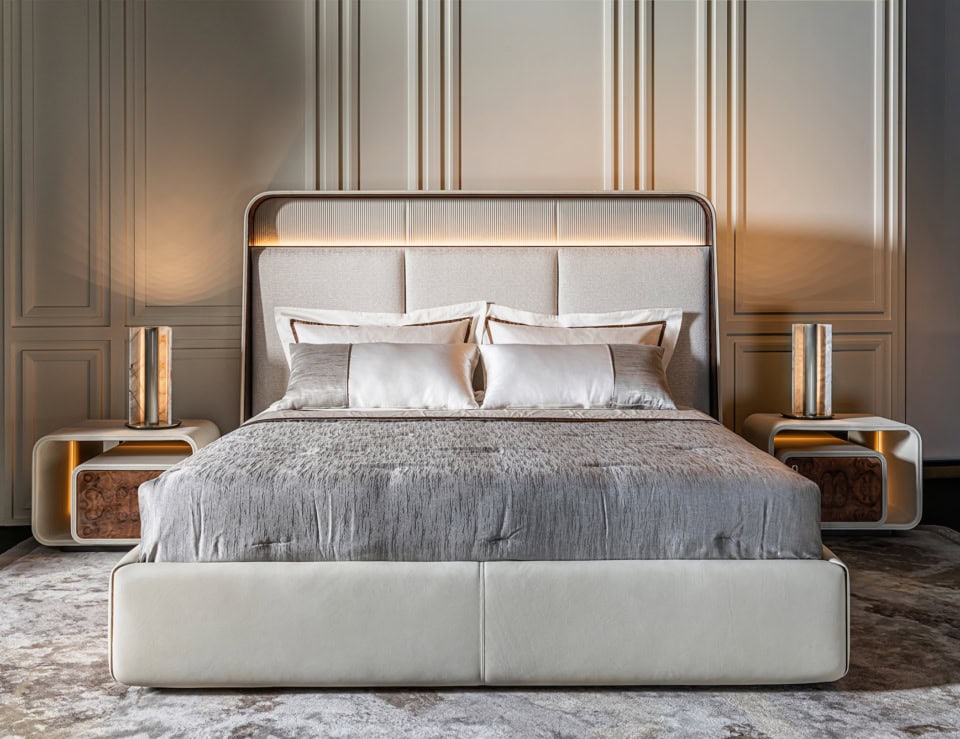 Fabric storage bed with padded headboard and side tables