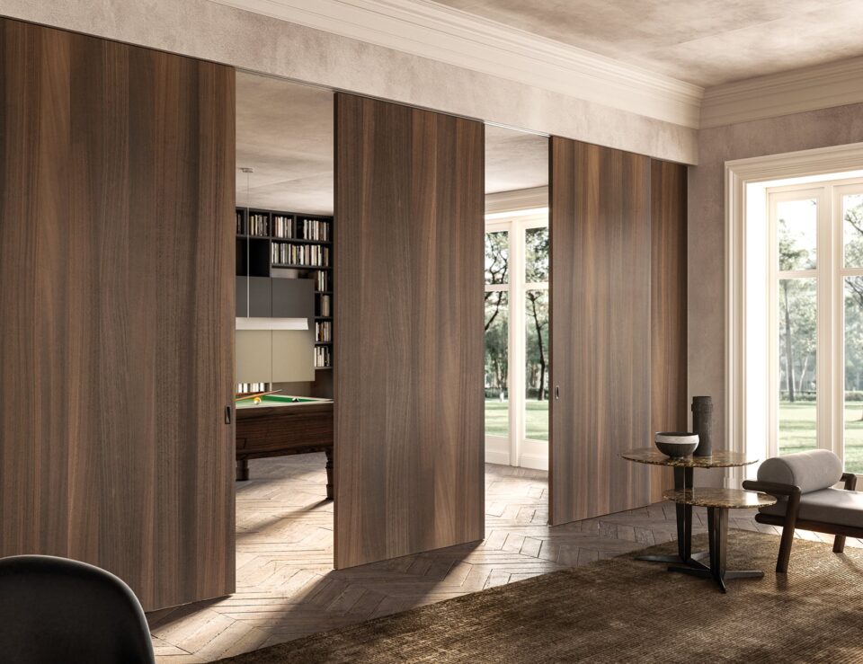 Adela Sliding contemporary Italian architectural doors with brown wood