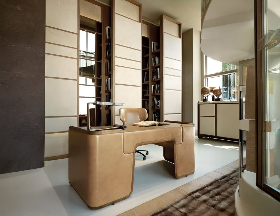 Leather and walnut office desk with matching chair in workspace setting