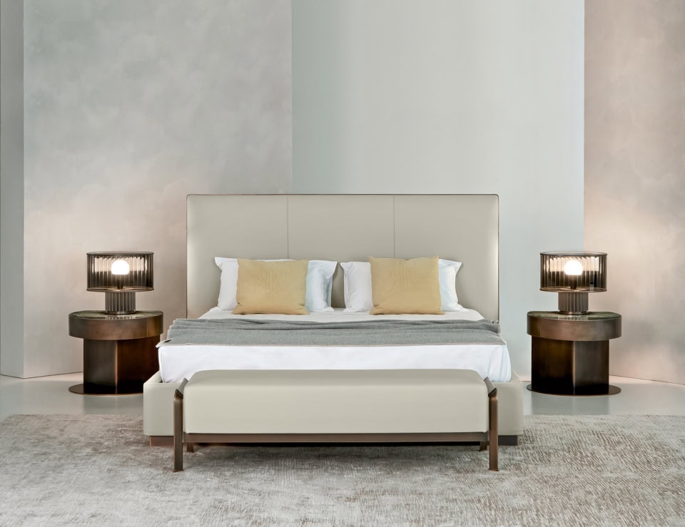 Falcon Slim leather bed with upholstered headboard in bedroom setting