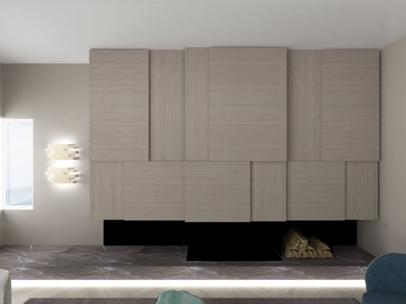 Fireplace and Bar Custom Made modern Italian wall unit with beige Eucalyptus wood