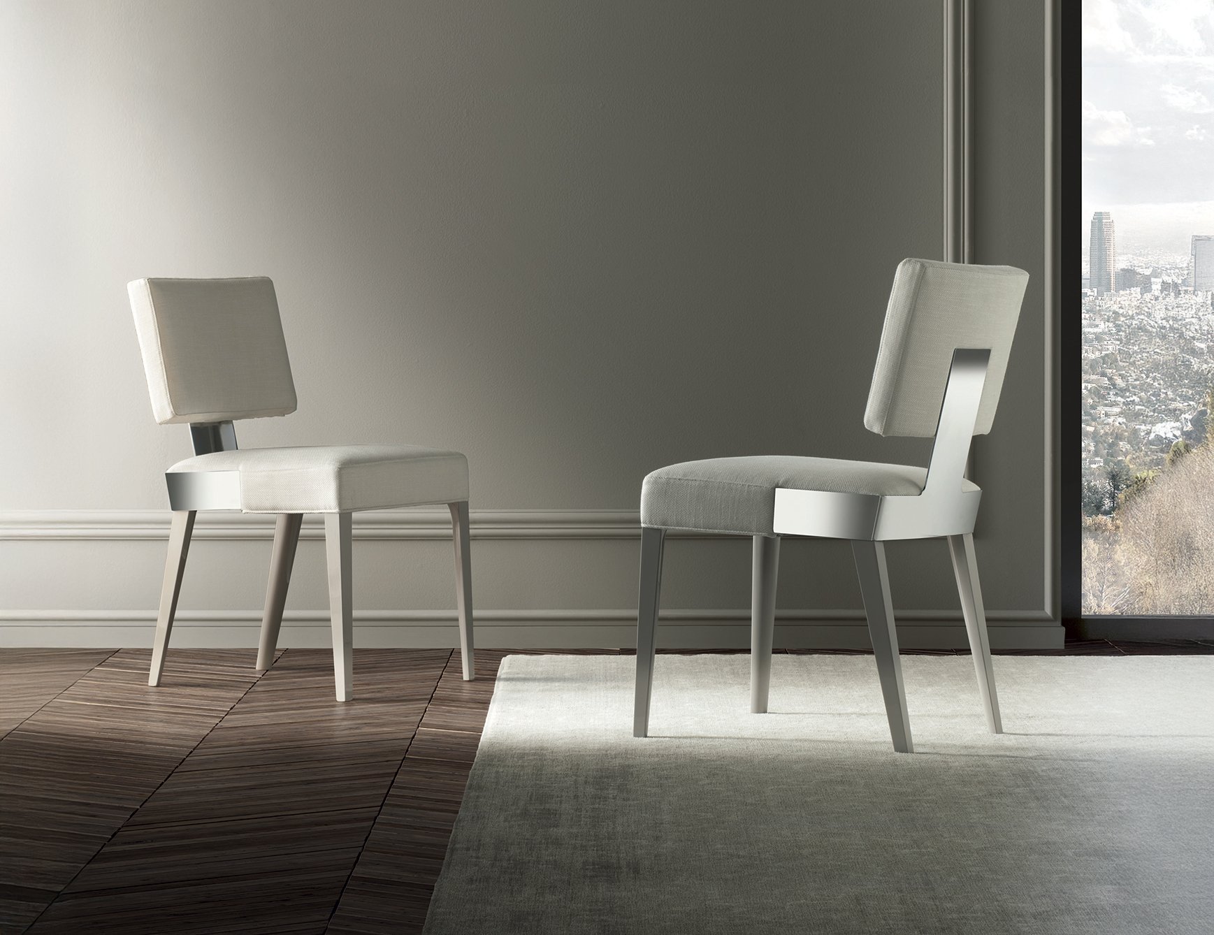 Focus - Fabric and wood dining chairs with cushioned seats in a neutral room setting