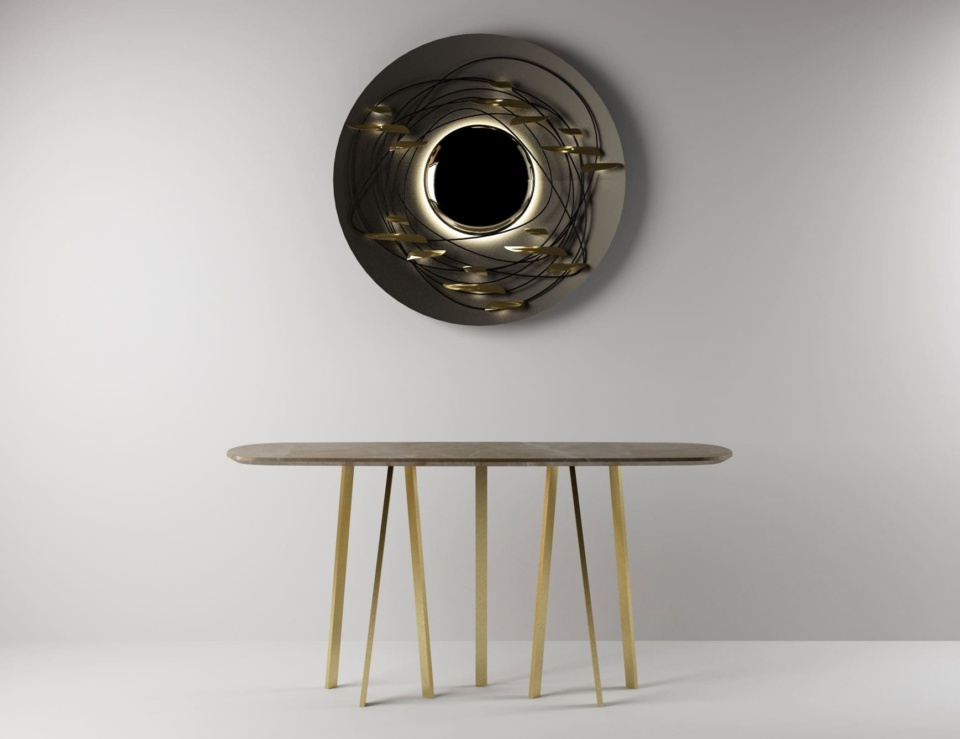 Sahara Noir marble console table with slim metal legs against a plain wall