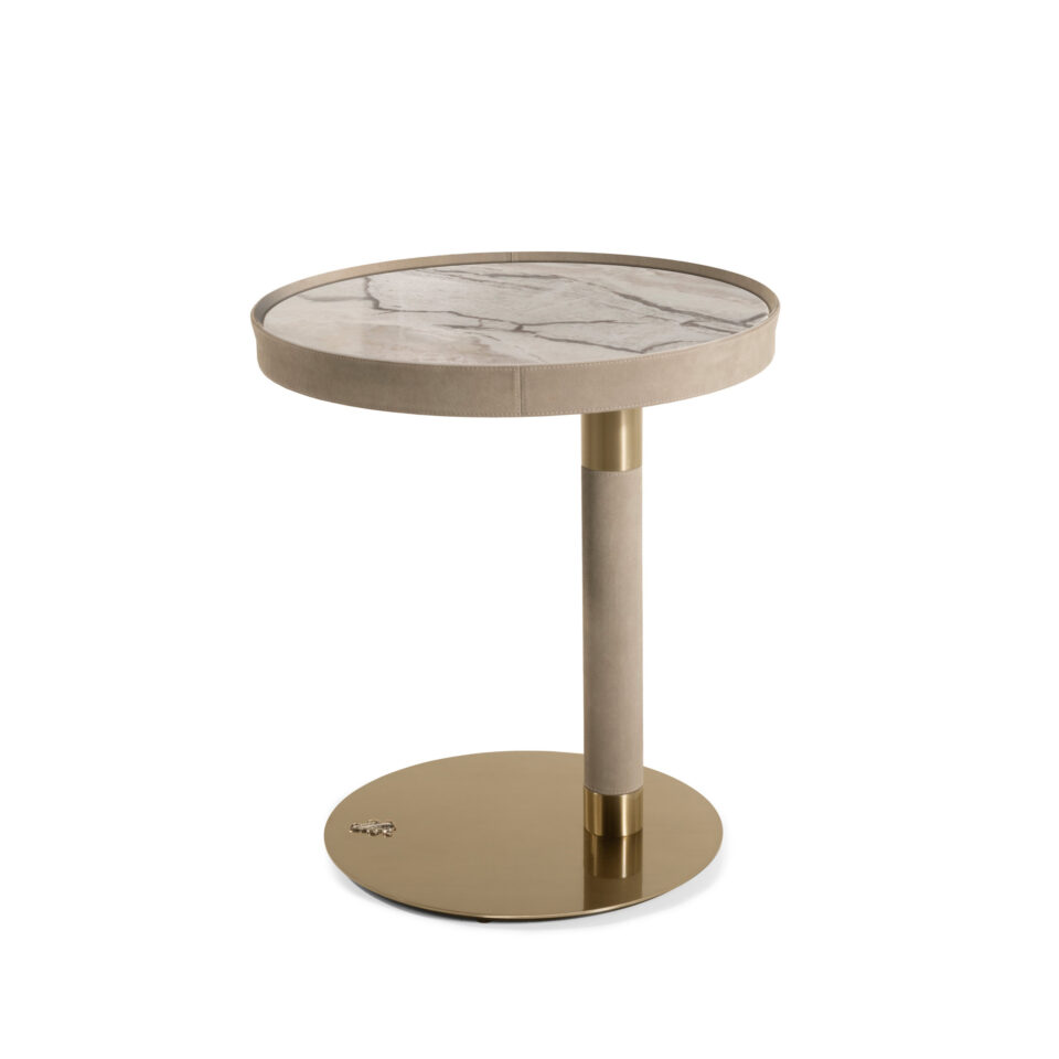Round marble side table with metal base and single central support