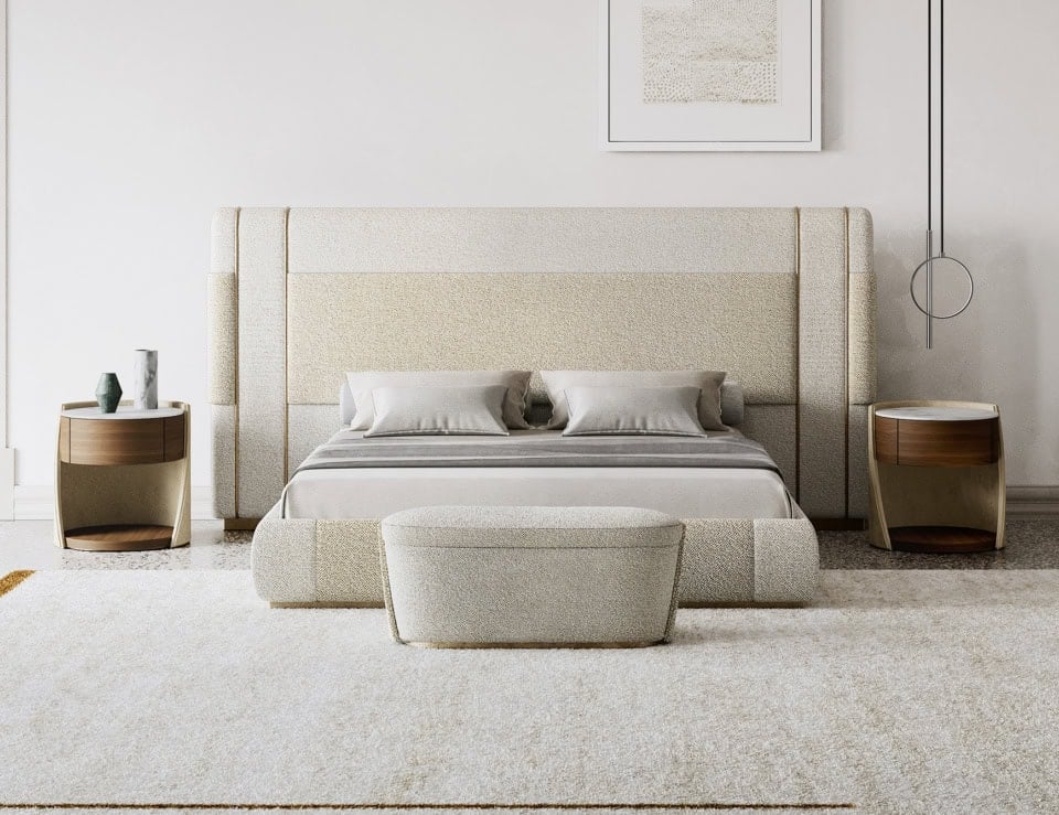 Leather storage bed with upholstered headboard shown in bedroom setting