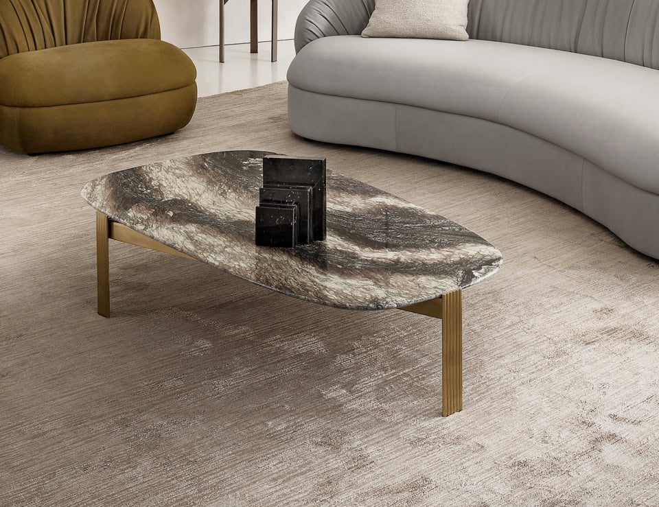 Marble and wood coffee table with oval top and metal legs
