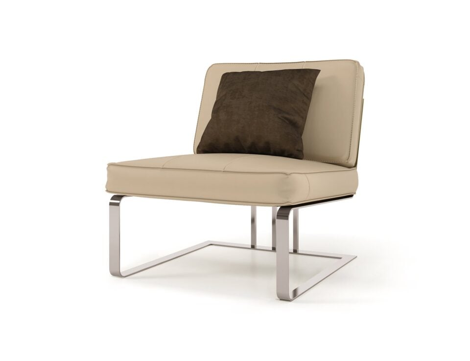 Leather lounge chair with metal frame and cushion