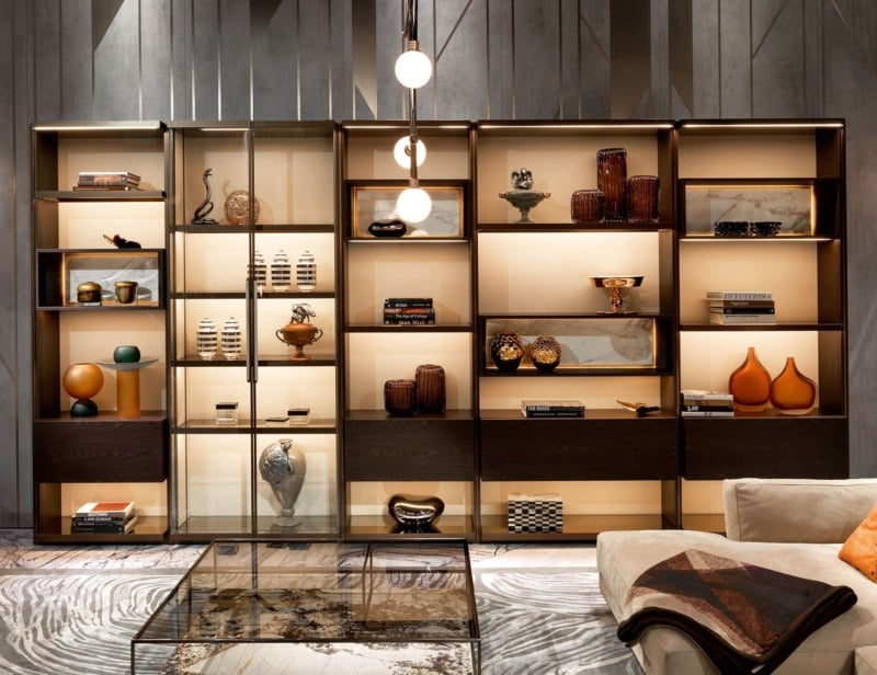 Genesis modern luxury wall unit with brown veneered wood