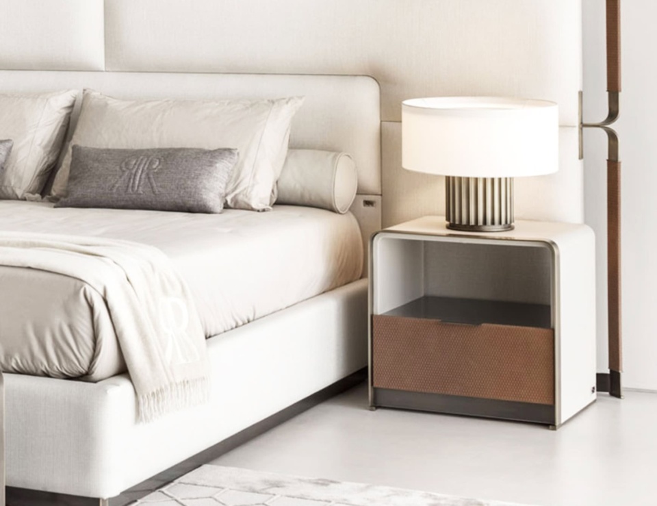 Leather bedside table with single drawer