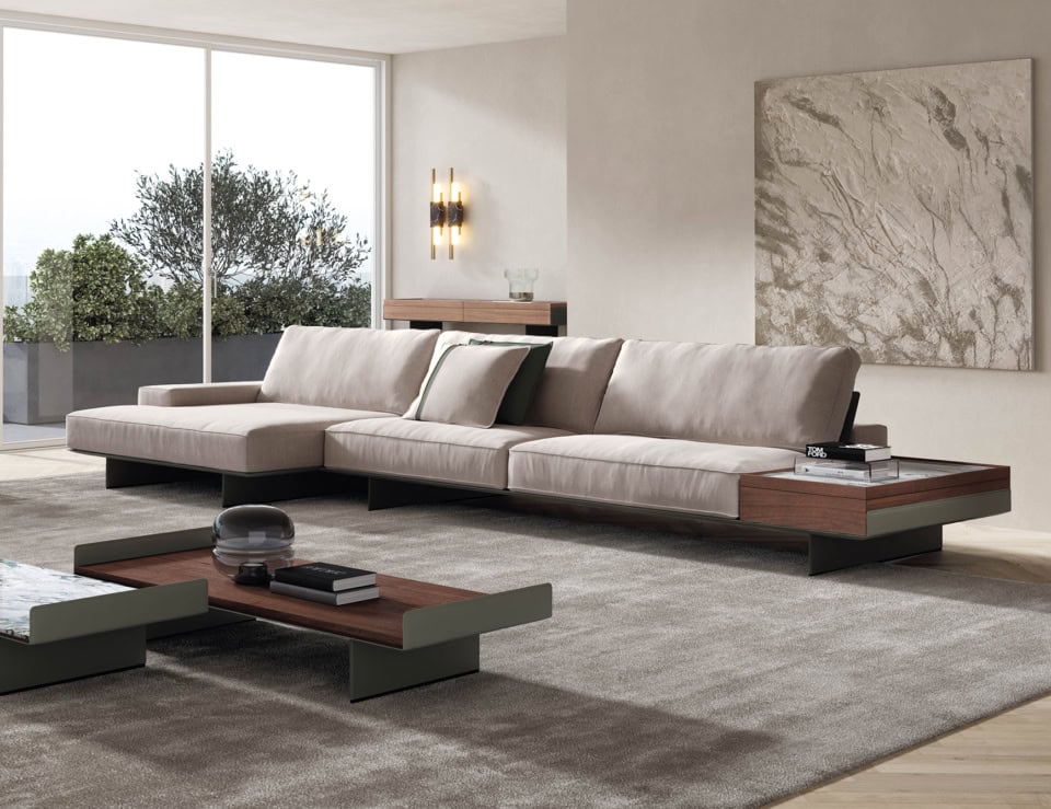 Leather sectional sofa with wooden base in living room setting