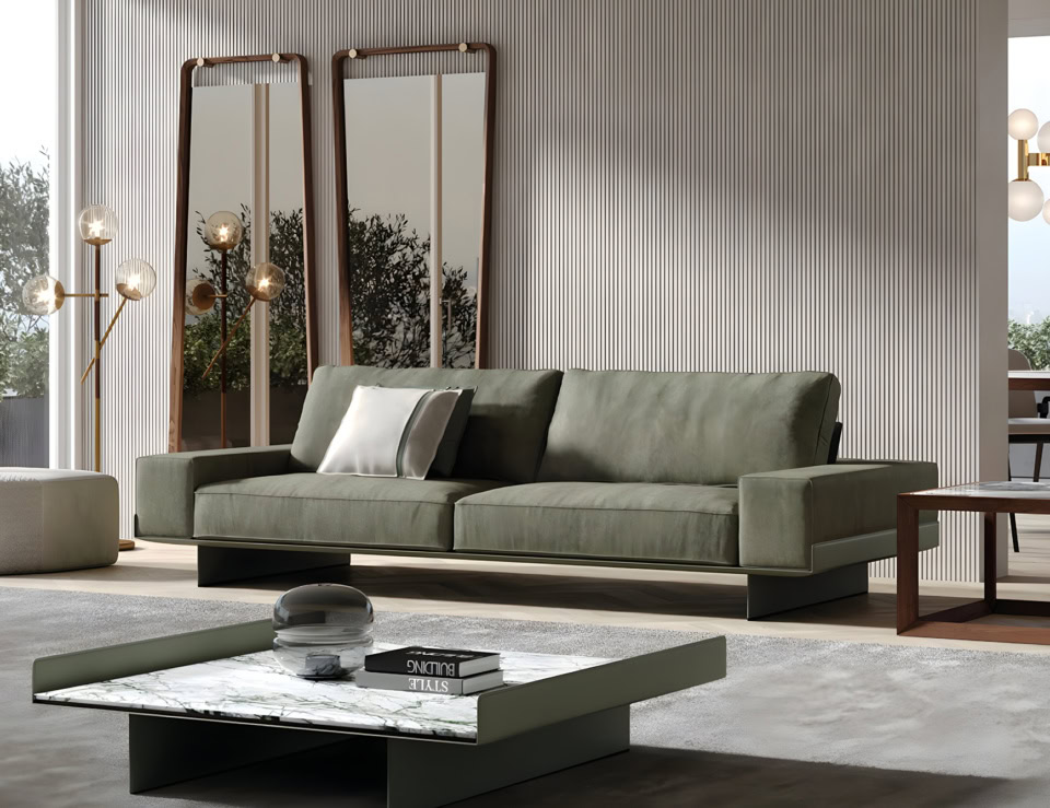 Granville leather sofa with wide armrests in a living room setting