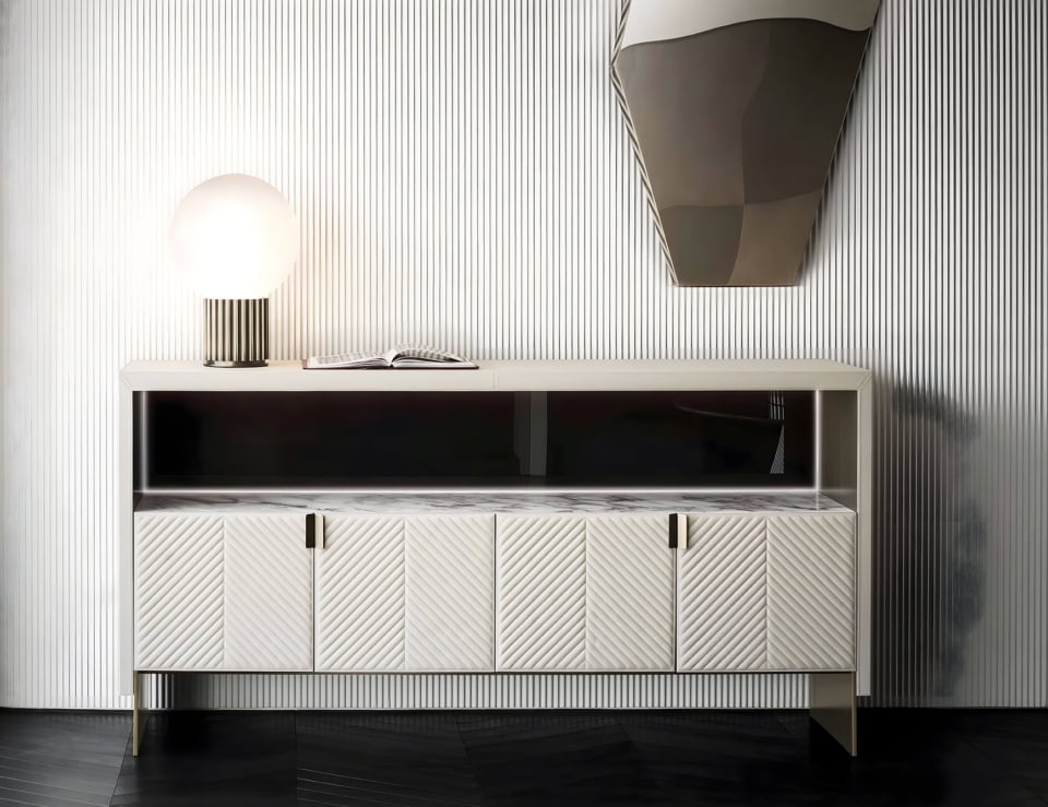 Leather credenza with four doors and open shelf
