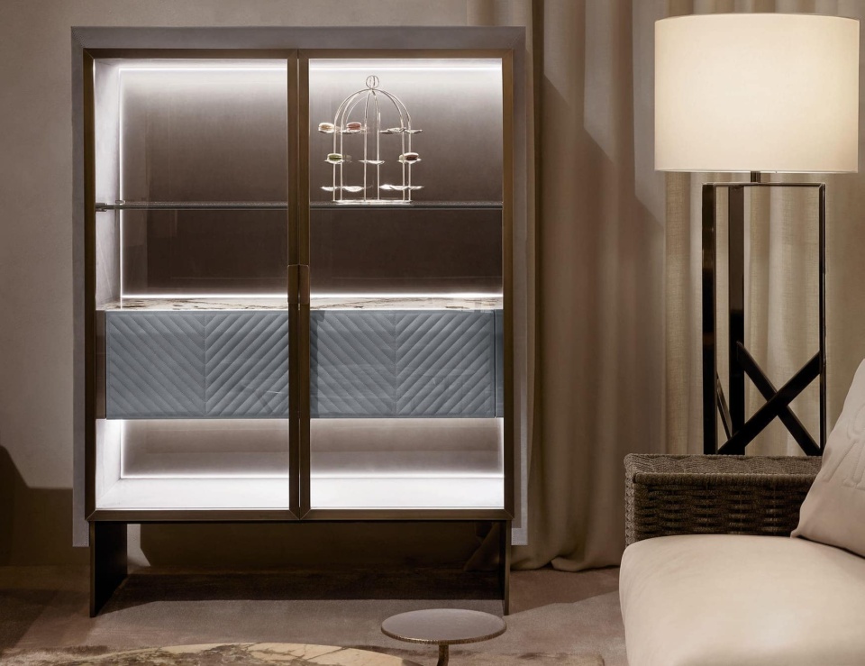 Leather bookcase cabinet with glass doors