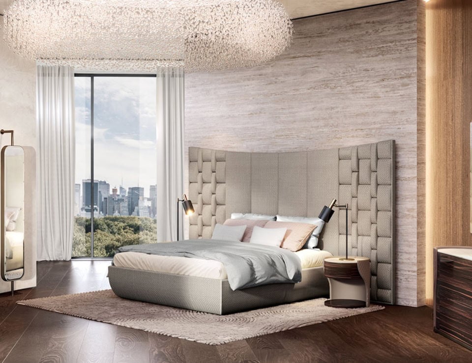 Leather storage bed with tall upholstered headboard in bedroom setting