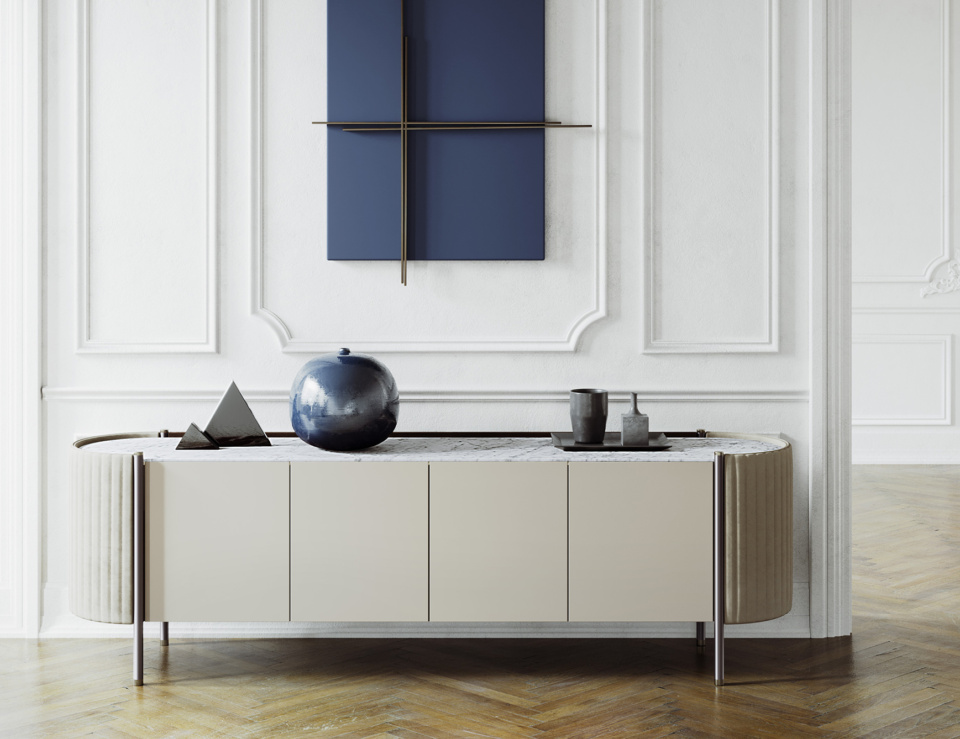 Lacquered wood sideboard with marble top in living room setting
