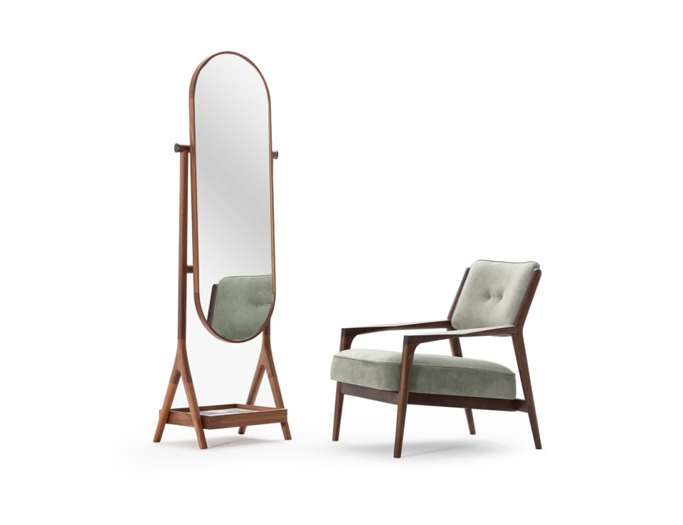 Wood mirror with American walnut finish on stand