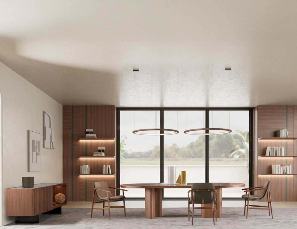 Wood dining table with matching chairs set in a dining room.