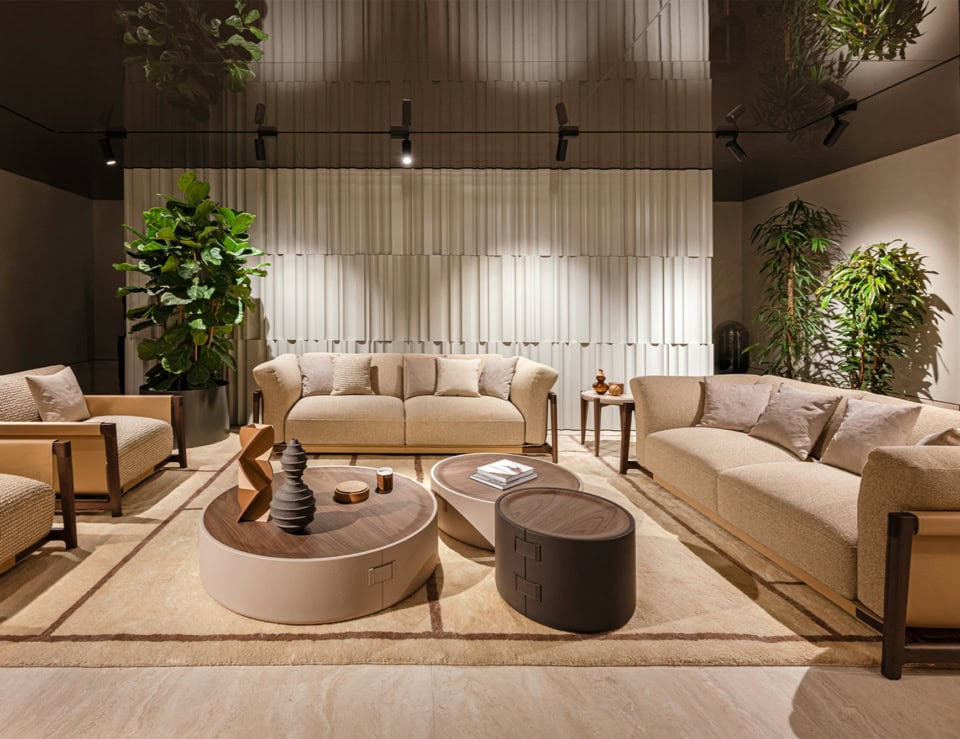 Kyma fabric sofa set with wooden frame in living room setting