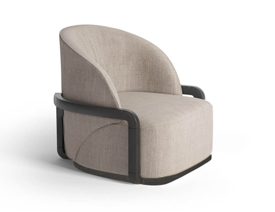 Fabric swivel chair with curved back and dark frame.