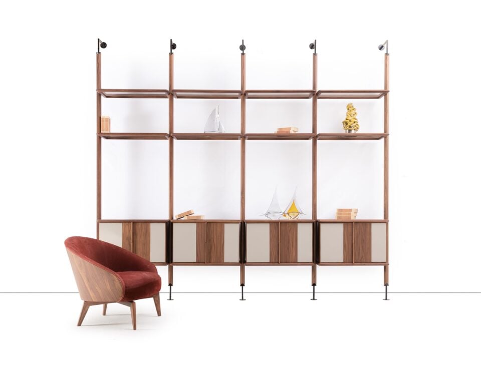Wooden wall unit bookcase with walnut finish and storage cabinets