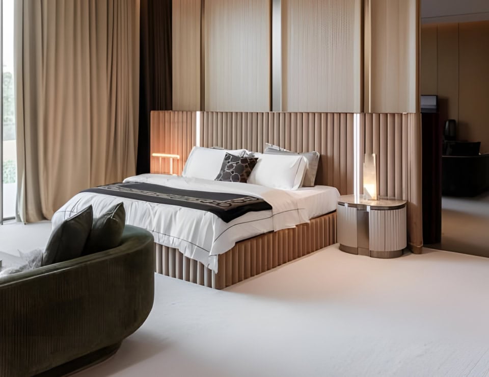 Fabric storage bed with upholstered headboard in bedroom setting