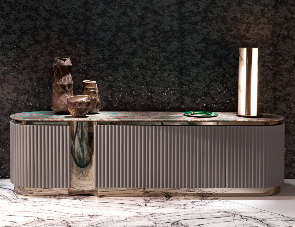 Lacquered wood bar cabinet with fluted doors and marble top