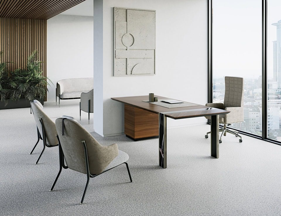 Wood writing desk with eucalyptus finish in office setting