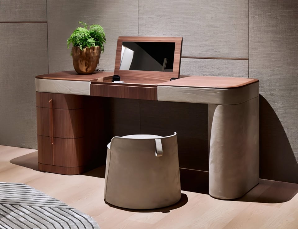 Marble and wood vanity table with American walnut finish in bedroom setting