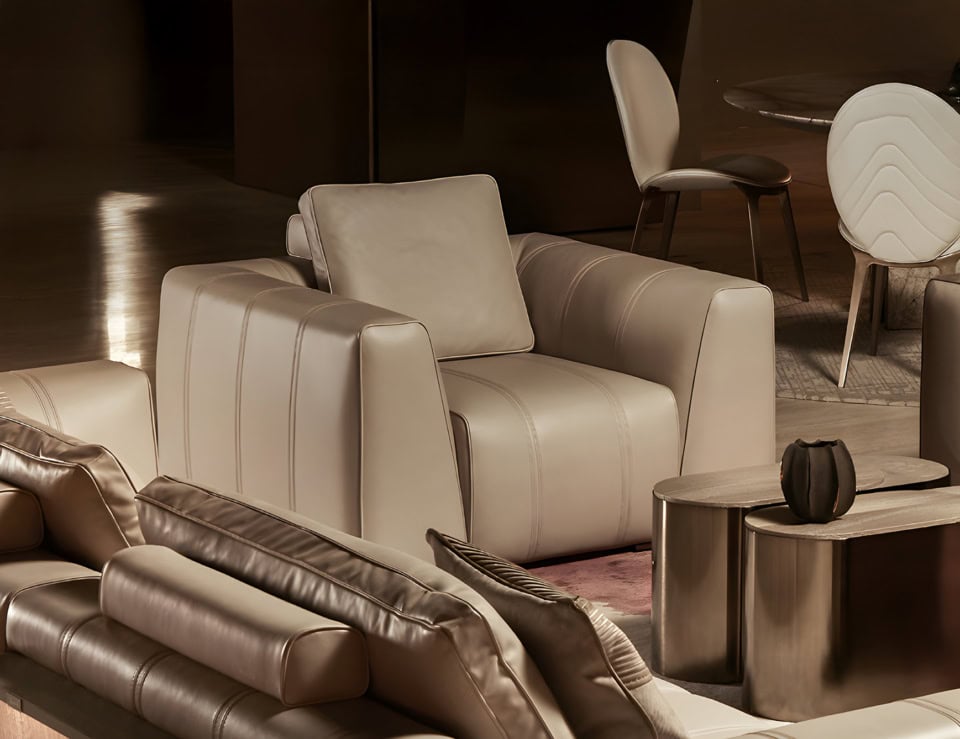 Leather sofa chair with cushion in living room setting