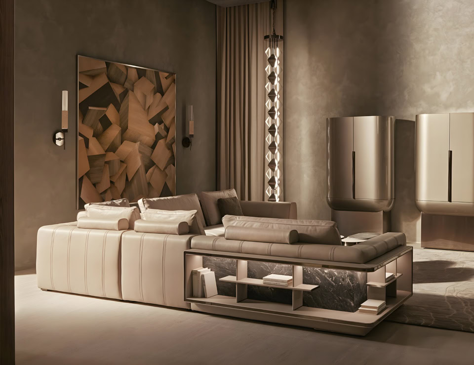 Leather sectional sofa with integrated shelving in living room setting