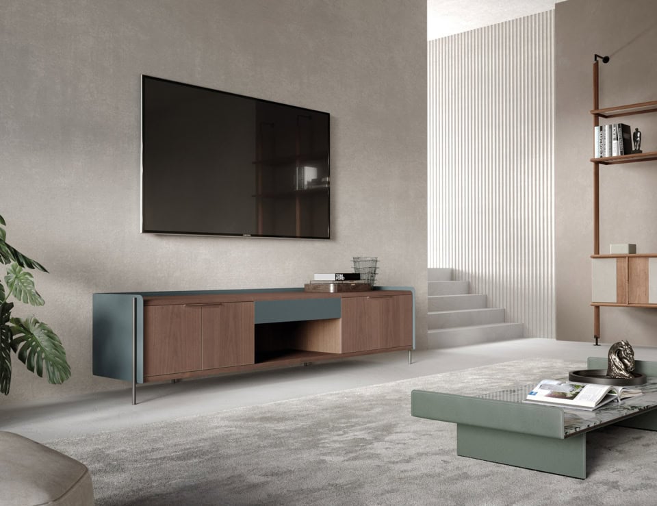 Wood credenza in American walnut finish with storage compartments in living room
