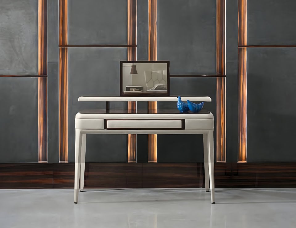 Wood vanity table with American walnut finish and matching framed mirror