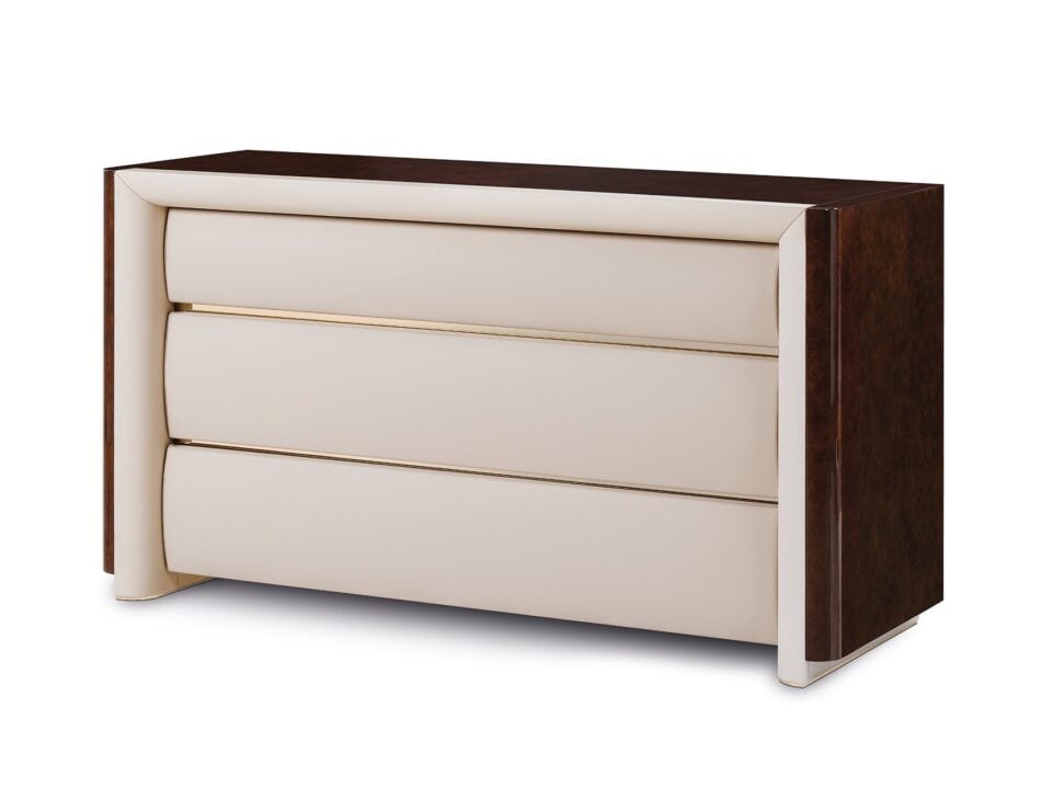 Leather chest of drawers with wooden sides and three storage drawers