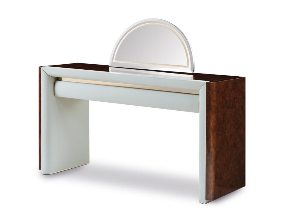 Wood vanity table with semicircular mirror and storage section