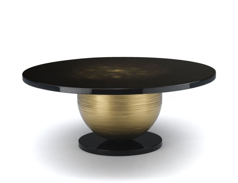 Round metal and wood dining table with lacquered finish