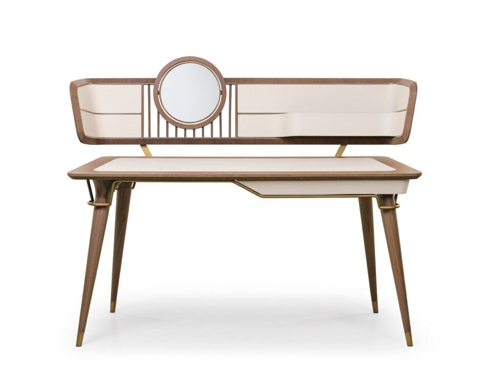 Wood vanity table with integrated round mirror and brushed gold accents