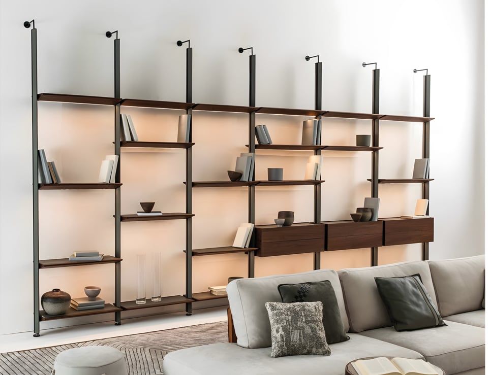 Wood wall-mounted modular shelving and storage unit in living room setting