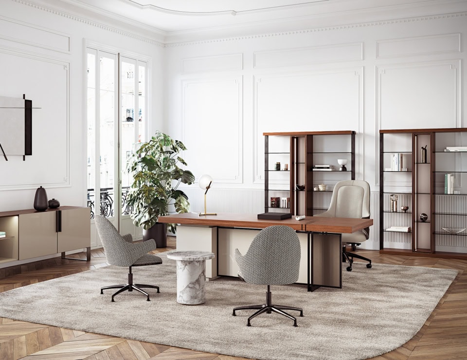 Wood writing desk with eucalyptus finish in office setting