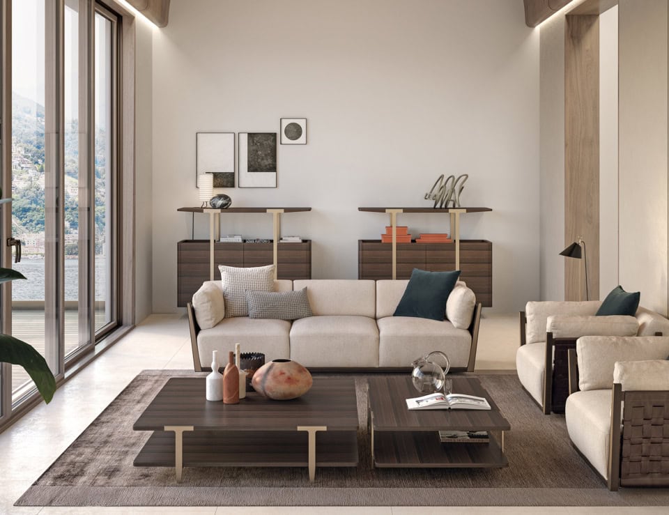 Wood sofa with eucalyptus finish in a living room setting