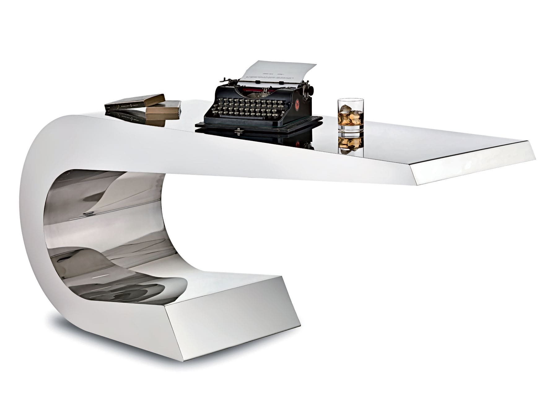 Onda - Curved white and chrome metal desk with glossy finish