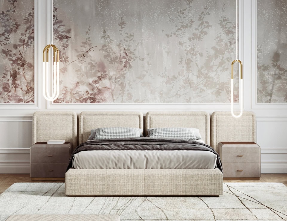 Fabric storage bed with upholstered headboard in bedroom setting